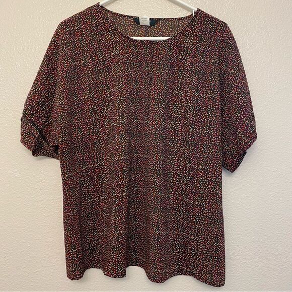 J crew Lightweight colorful black micro print semi sheer short sleeve blouse -M - Picture 2 of 13